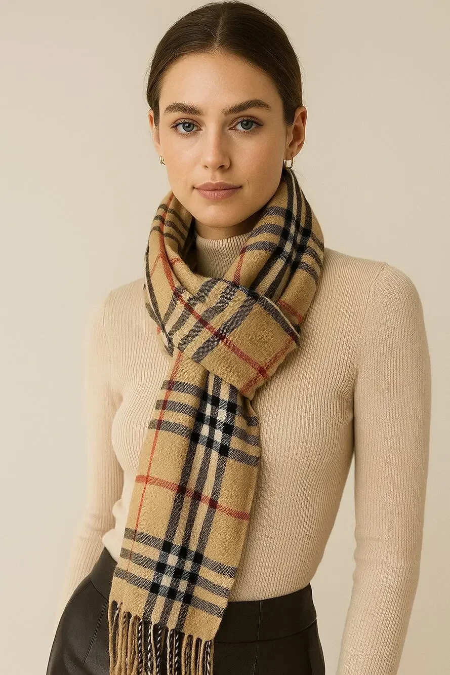 Check Archive Beige Black Rectangular Fringe Long Plaid Scarf 24Wx60L Preppy